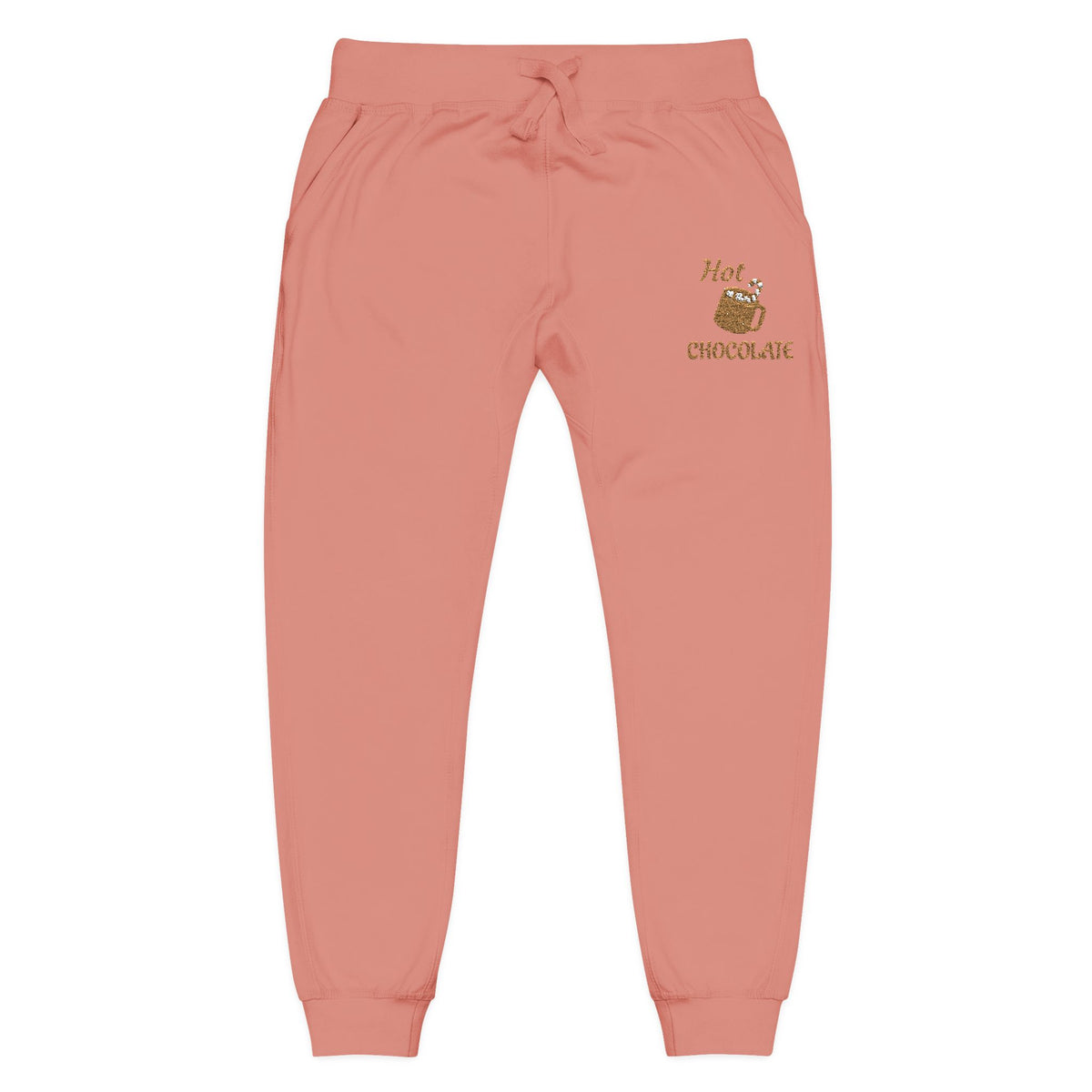 Coral sweatpants with a small logo on a white background