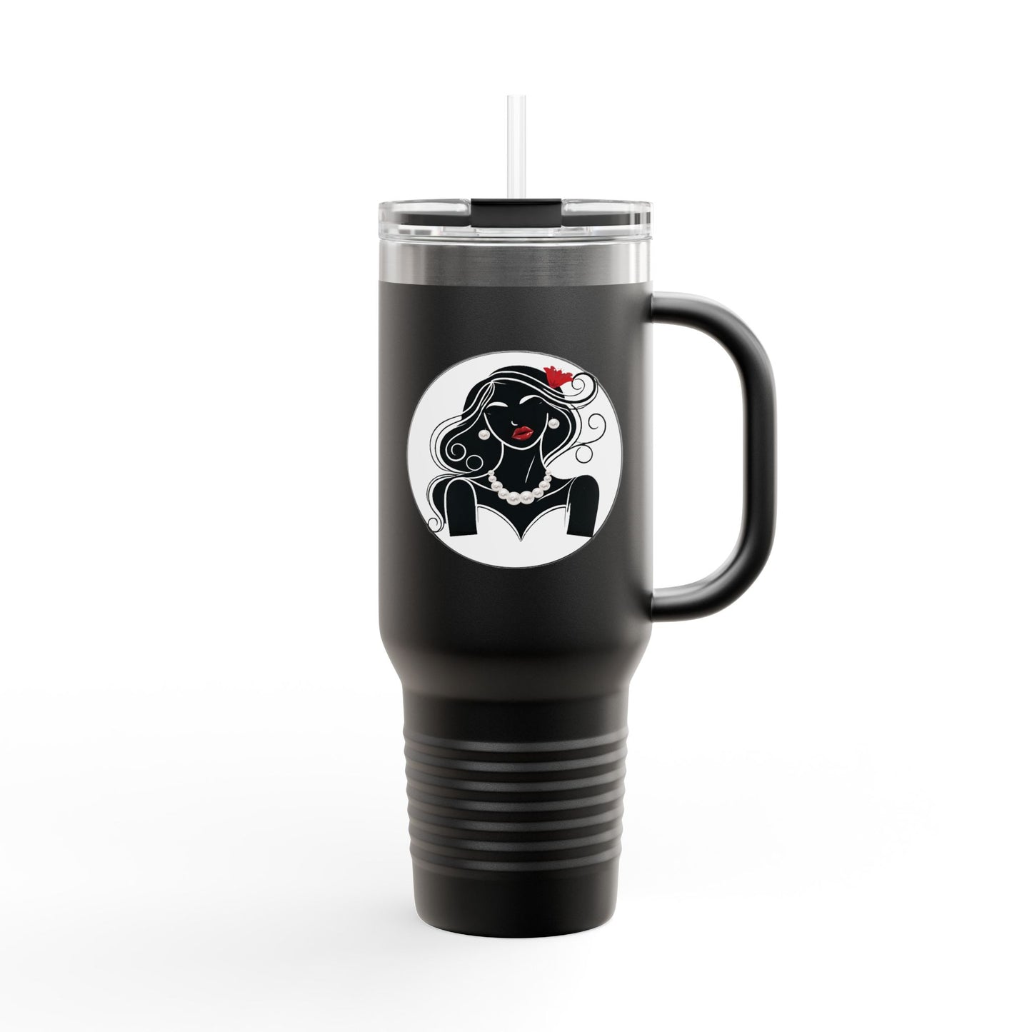 Pearls & Curls1 | Ruby Lips - Insulated Travel Mug, 40oz (black, white, or red)