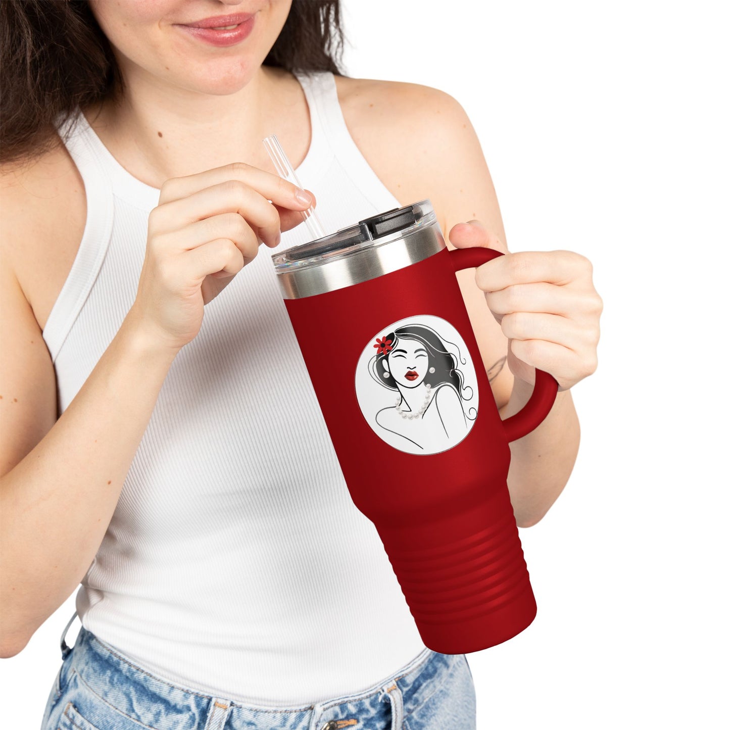 Pearls & Curls3 | Ruby Kiss - Insulated Travel Mug, 40oz (black, white, or red)