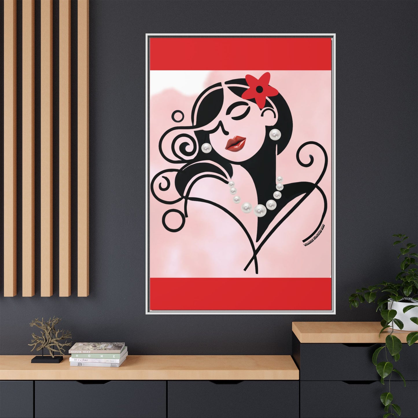 Pearls & Curls4 | Scarlet Kiss - Framed Matte Canvas Art (black or white frame)