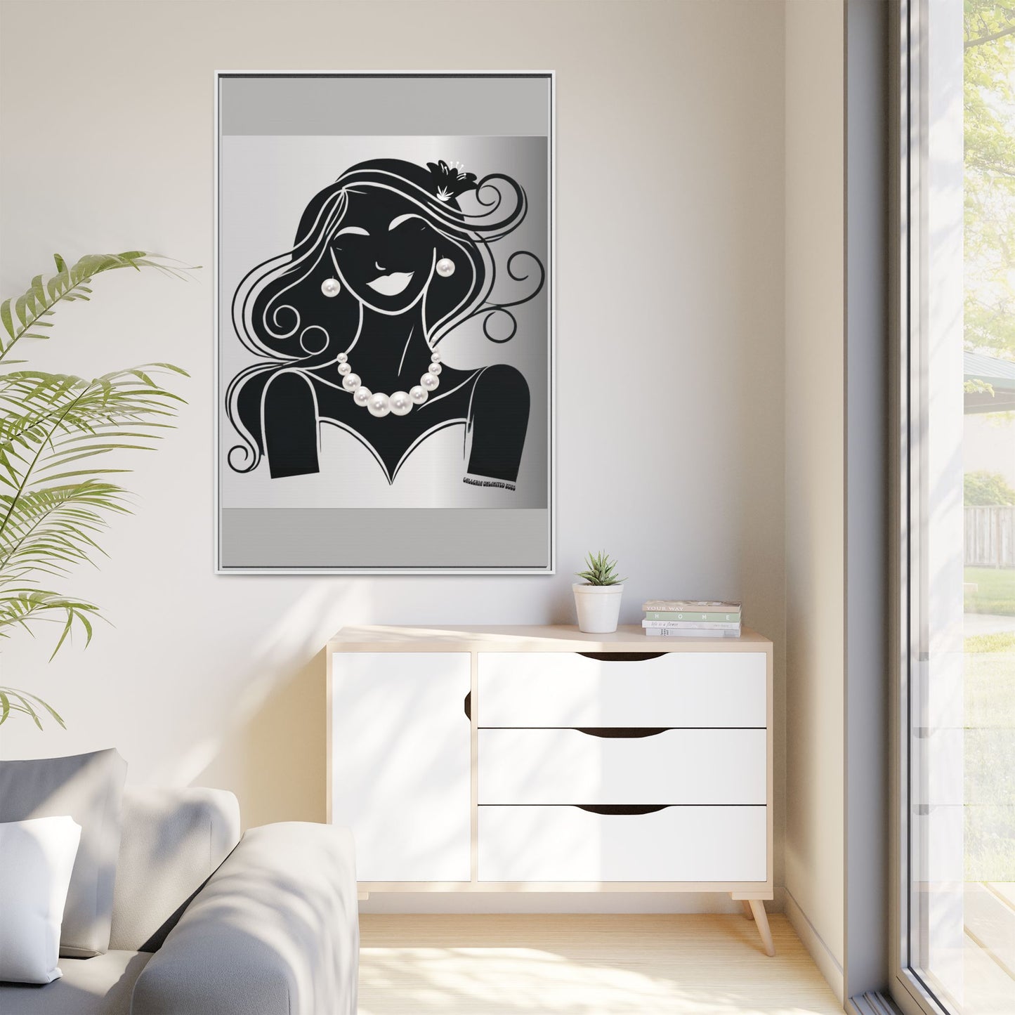 Pearls & Curls1 | Black and White - Framed Matte Canvas Art (black or white frame)