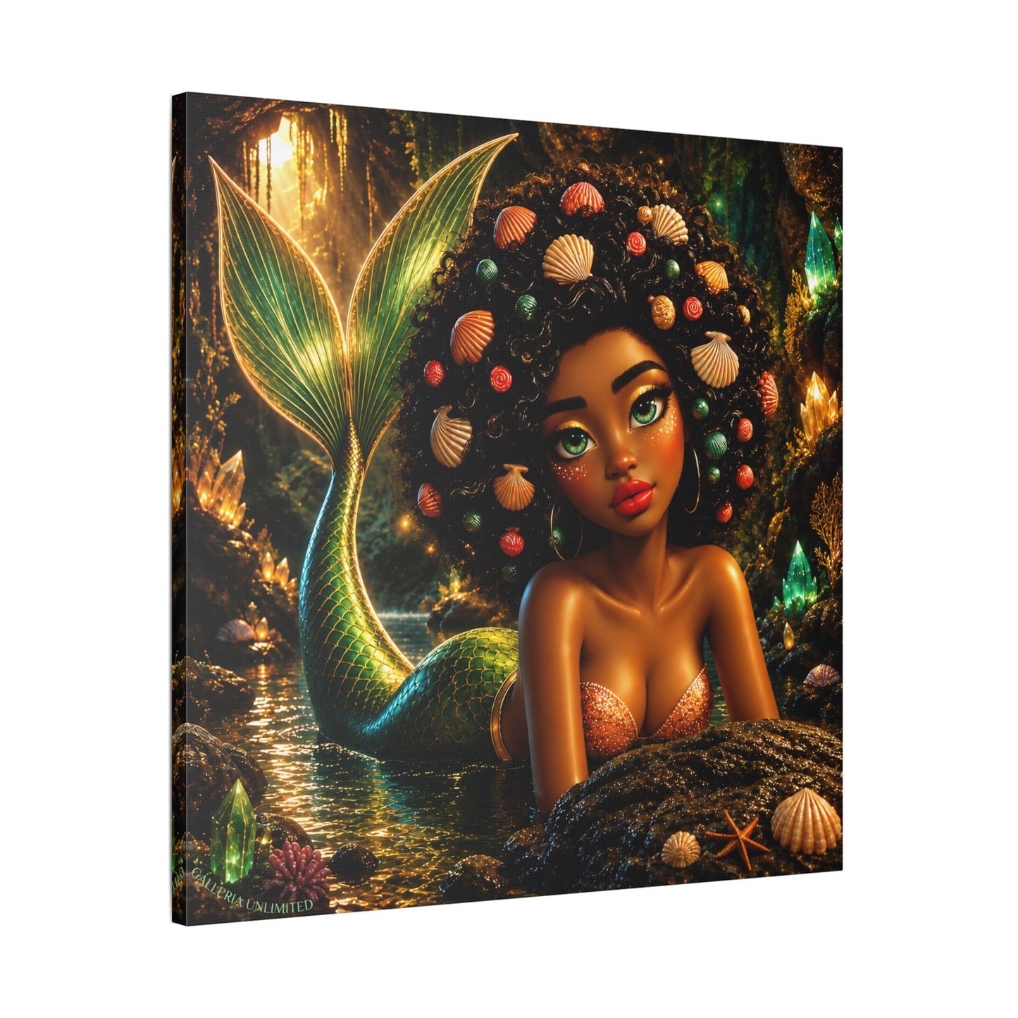 Sirens of the Gilded Sea | Emerald Cavern, Satin Stretched Canvas Print