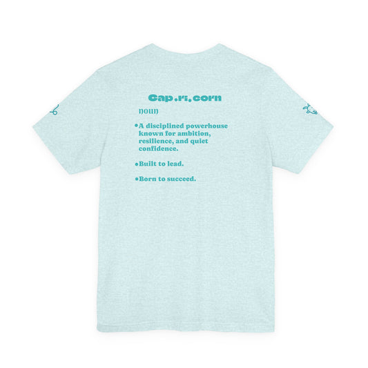 Capricorn | Word Art Graphic Tee2 (turquoise)--"Capricorn" Definition on Back