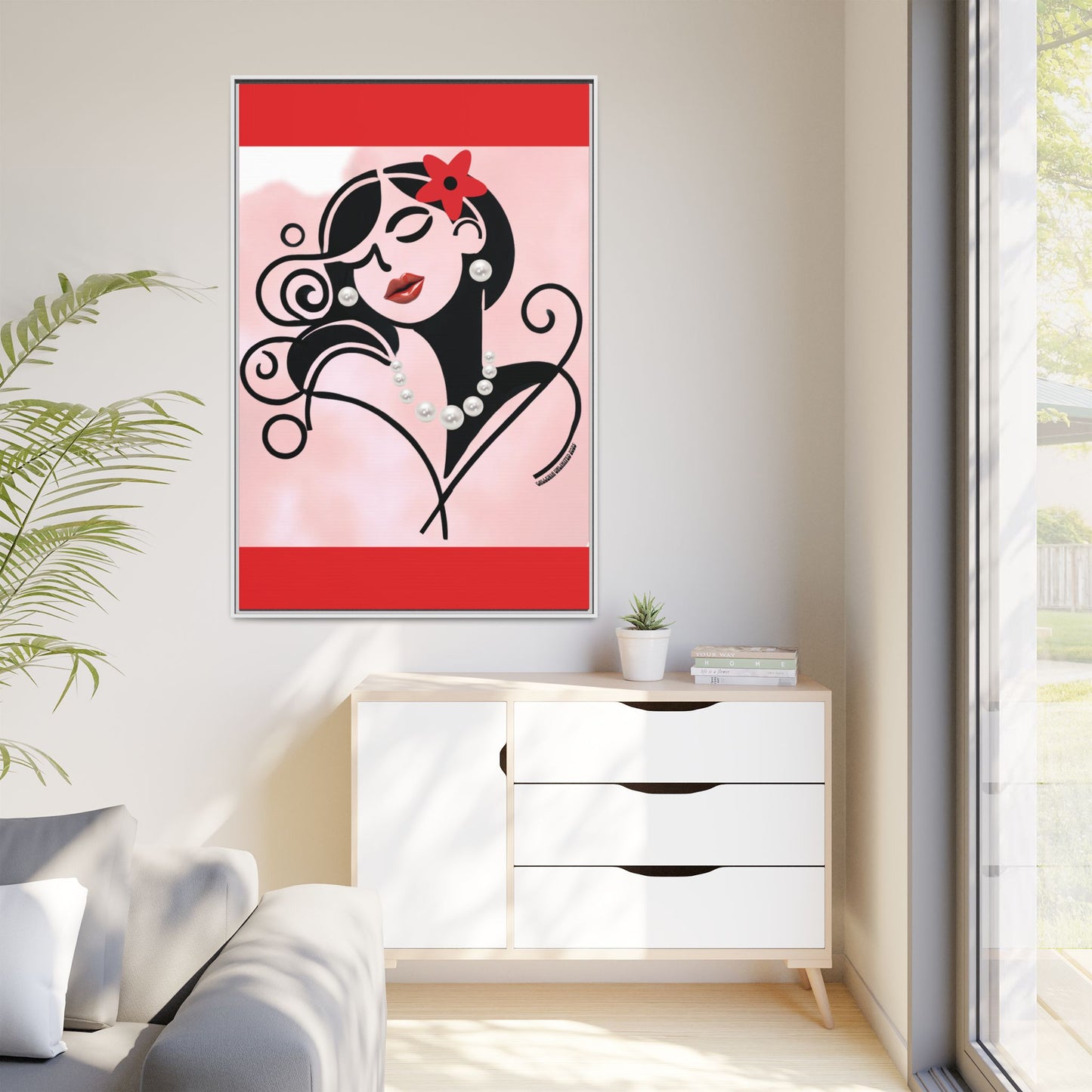 Pearls & Curls4 | Scarlet Kiss - Framed Matte Canvas Art (black or white frame)