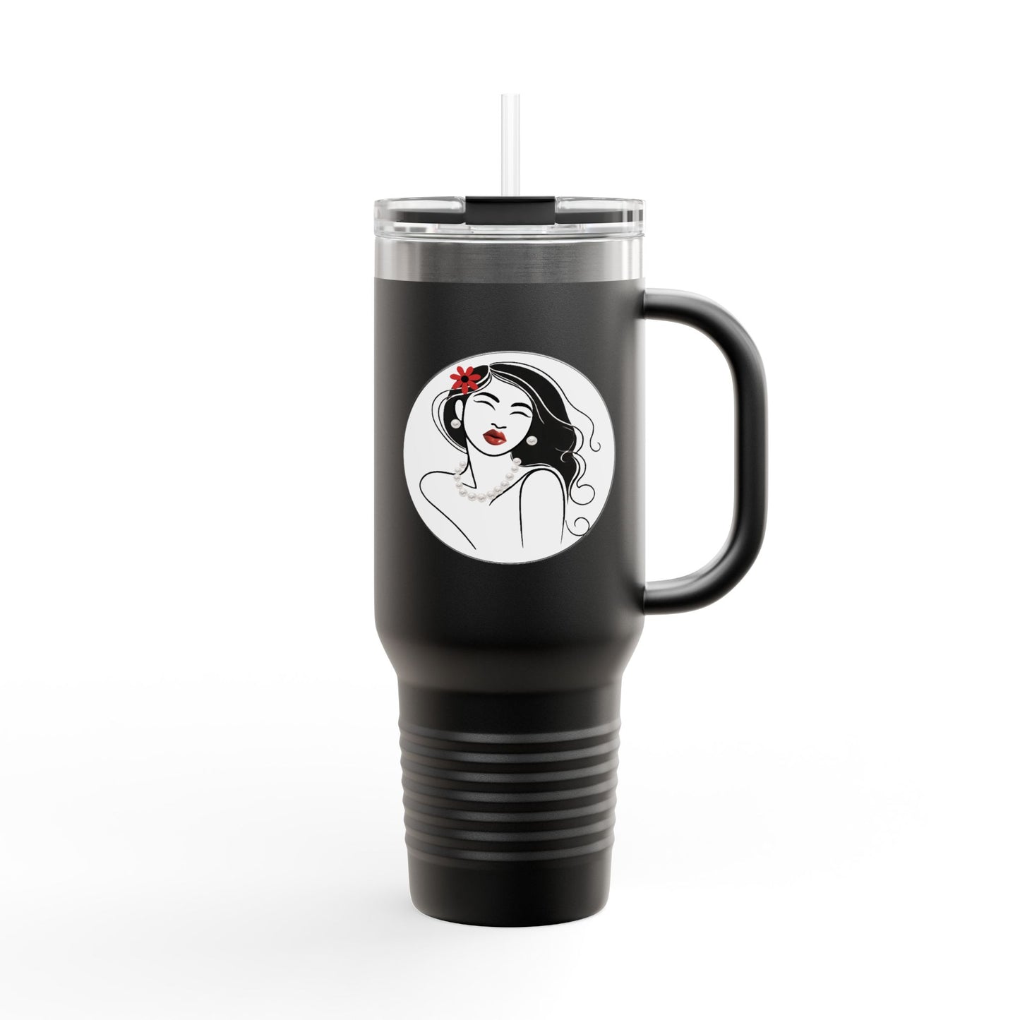 Pearls & Curls3 | Ruby Kiss - Insulated Travel Mug, 40oz (black, white, or red)