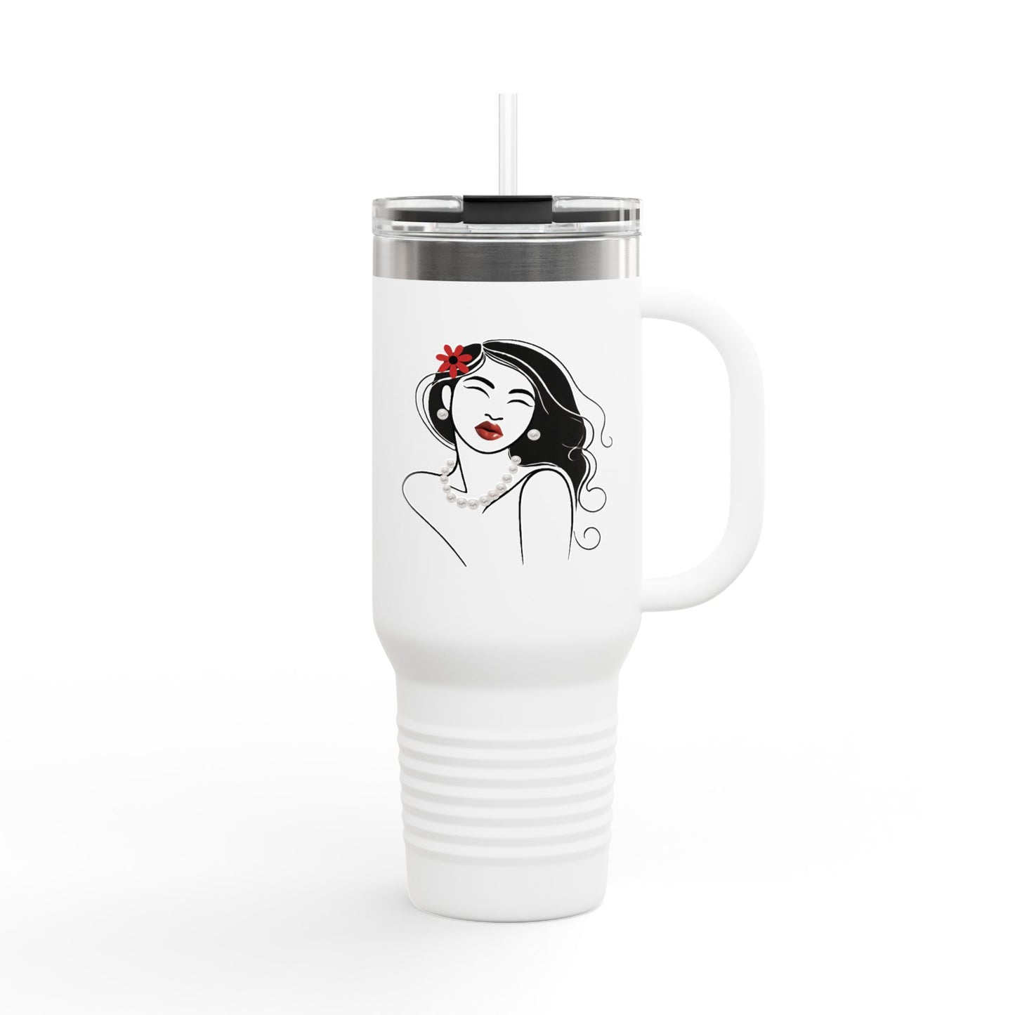 Pearls & Curls3 | Ruby Kiss - Insulated Travel Mug, 40oz (black, white, or red)