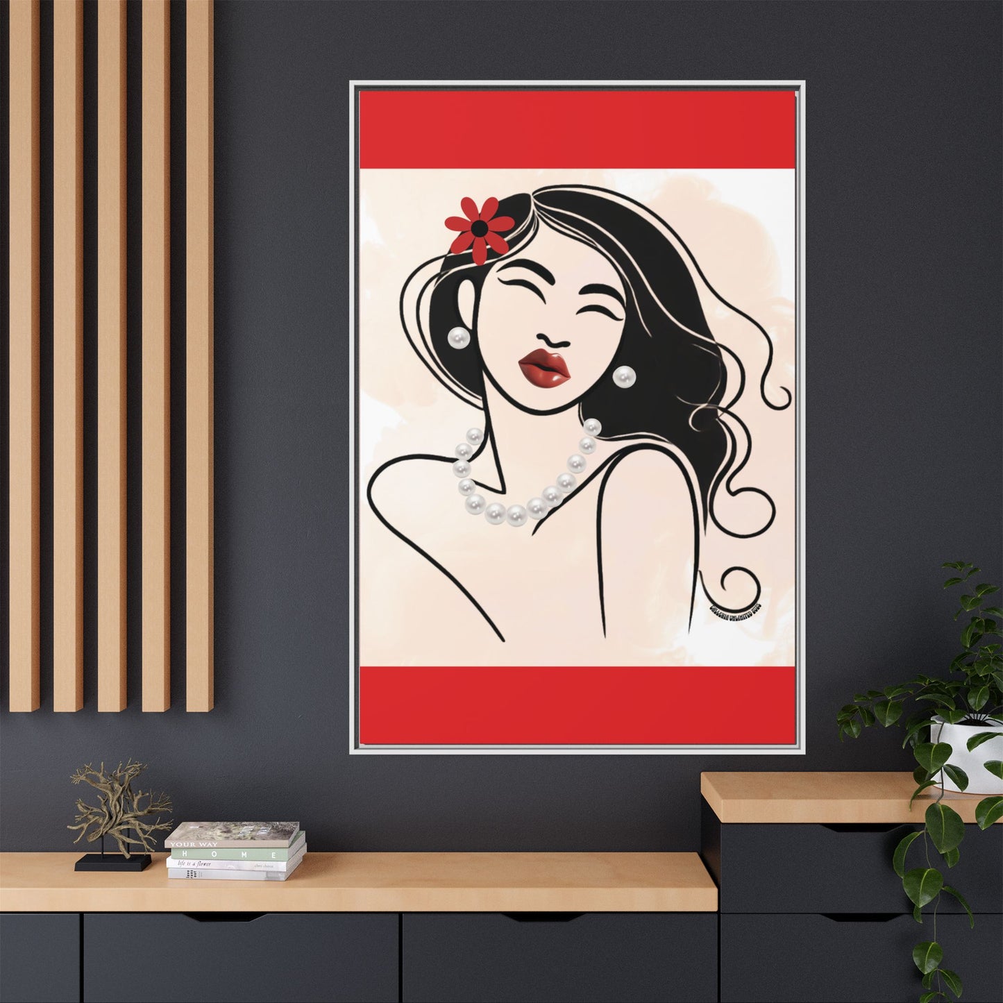 Pearls & Curls3 | Scarlet Kiss - Framed Matte Canvas Art (black or white frame)