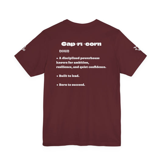 Capricorn | Word Art Graphic Tee (garnet) -- "Capricorn" Definition on Back