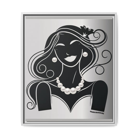 Pearls & Curls1 | Black and White - Framed Matte Canvas Art (black or white frame)