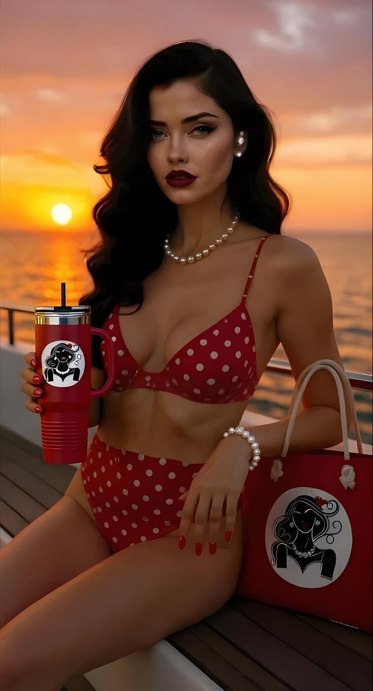 Vivienne Blaze in a red polka dot bikini holding a Pearls & Curls travel mug with a sunset in the background