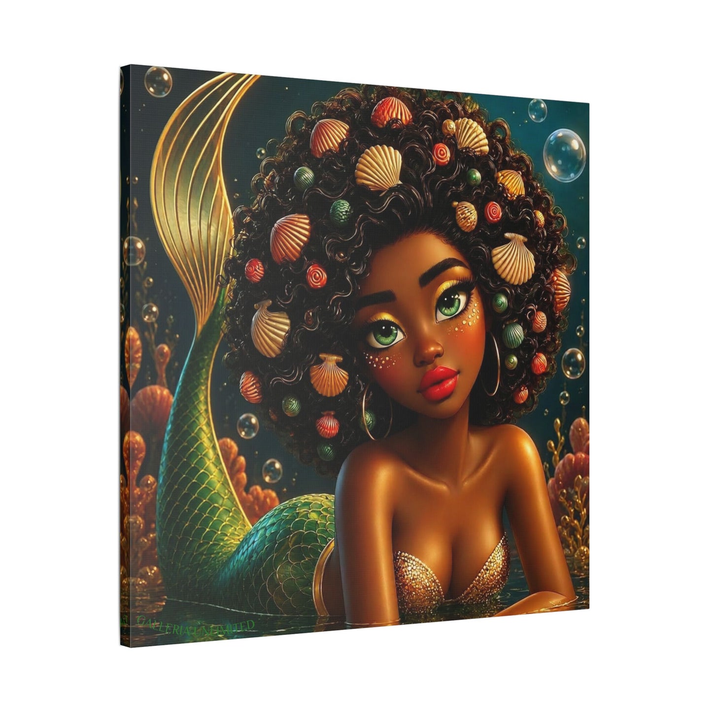Sirens of the Gilded Sea | Emerald Sea Cavern, Satin Stretch Canvas Print