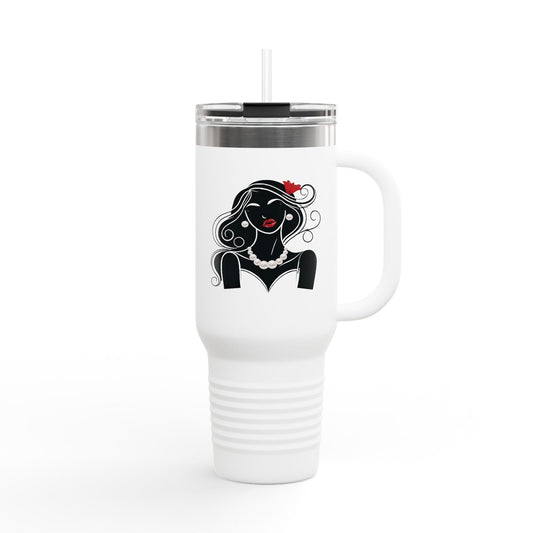 Pearls & Curls1 | Ruby Lips - Insulated Travel Mug, 40oz (black, white, or red)