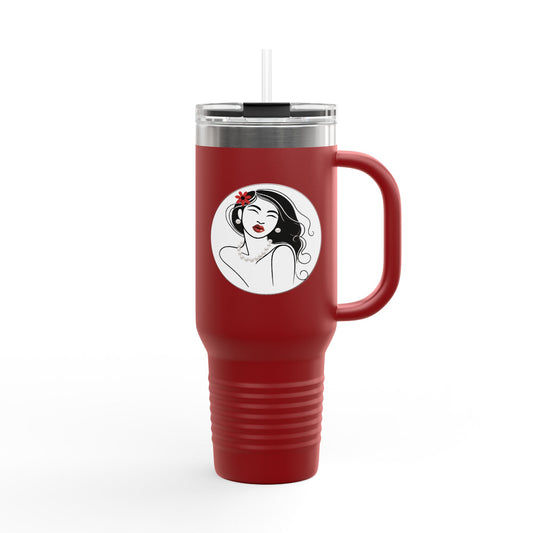 Pearls & Curls3 | Ruby Kiss - Insulated Travel Mug, 40oz (black, white, or red)