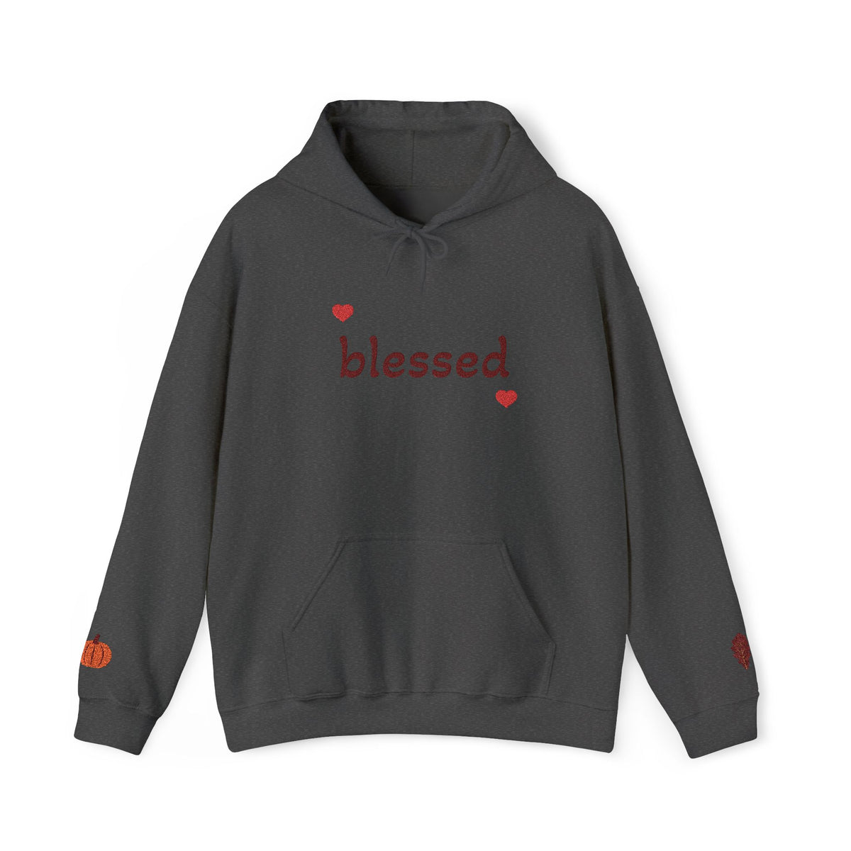 Gray hoodie with black logo and text on a white background