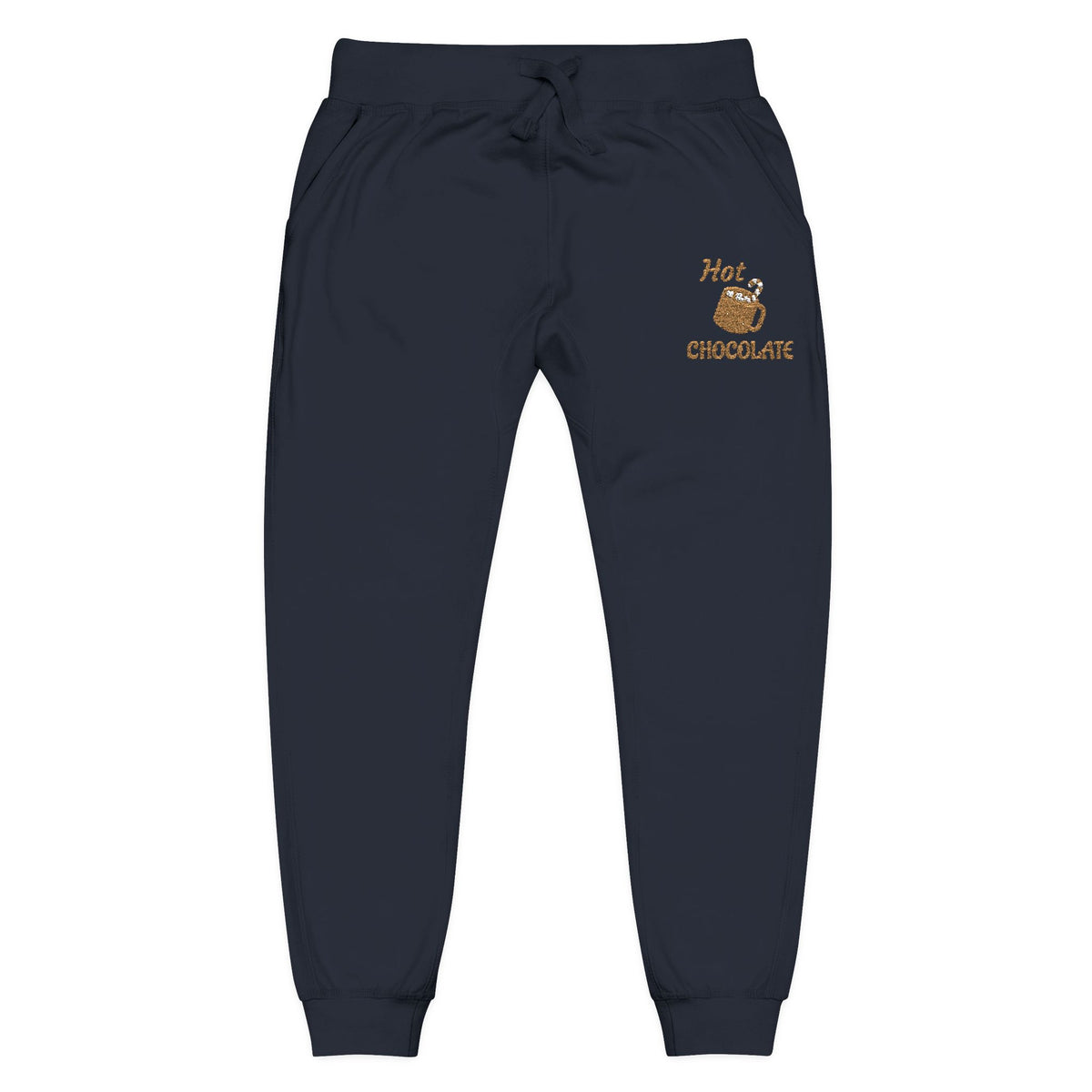 A pair of dark navy blue sweatpants with a drawstring waist and cuffed ankles, featuring a small graphic on the left thigh that reads 'Hot CHOCOLATE' with a chocolate mug illustration.
