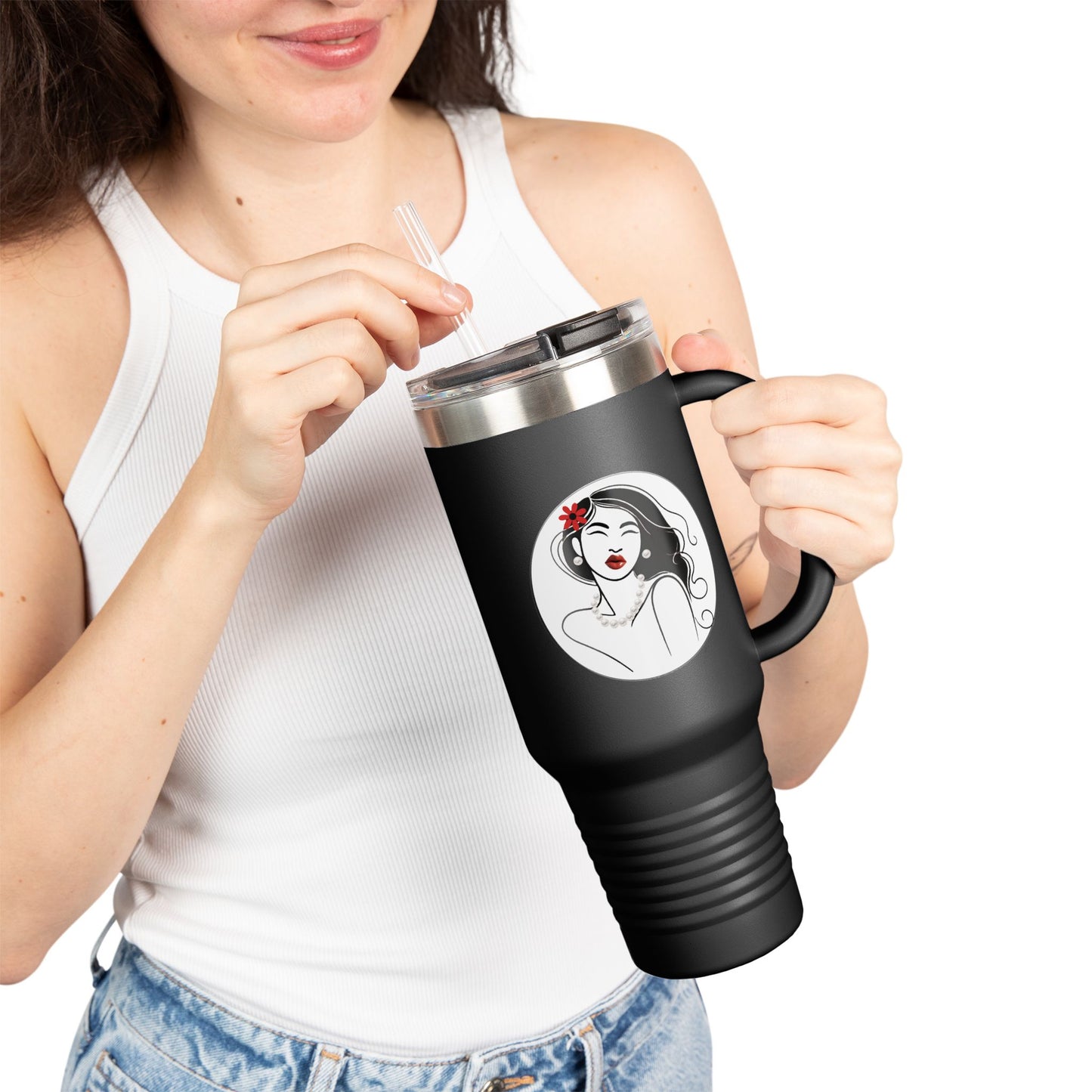 Pearls & Curls3 | Ruby Kiss - Insulated Travel Mug, 40oz (black, white, or red)
