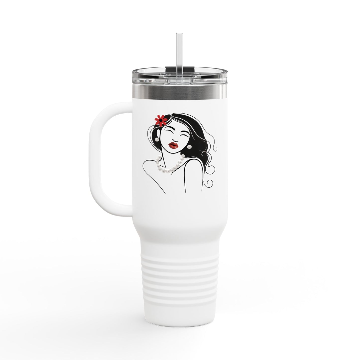 Pearls & Curls3 | Ruby Kiss - Insulated Travel Mug, 40oz (black, white, or red)
