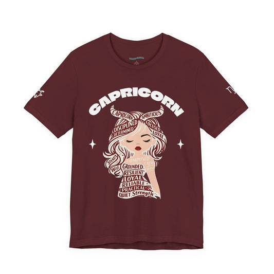 Capricorn | Word Art Graphic Tee2 (garnet) -- "Capricorn" Definition on Back