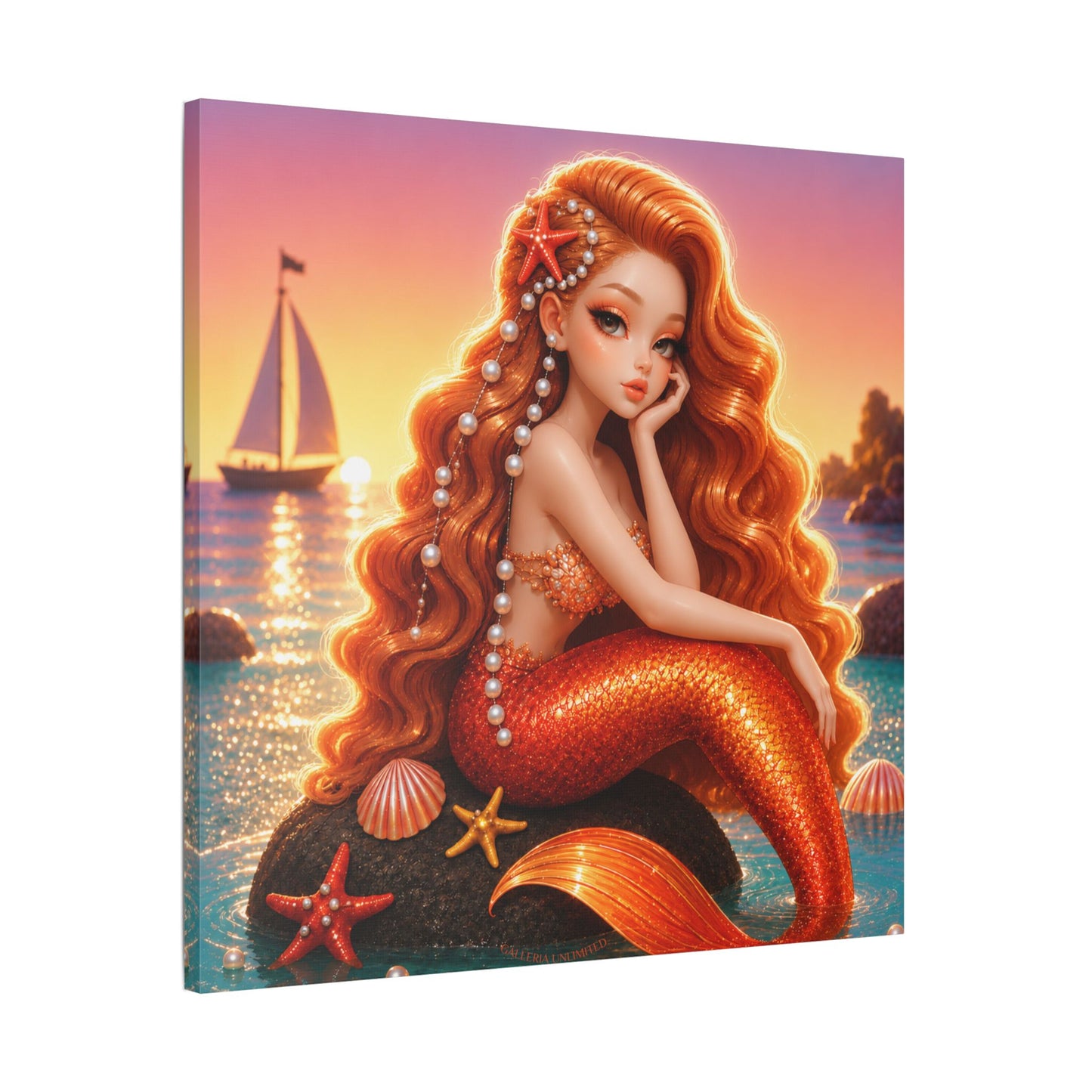 Sirens of the Gilded Sea | Pearl Tide, Satin Stretched Canvas Print