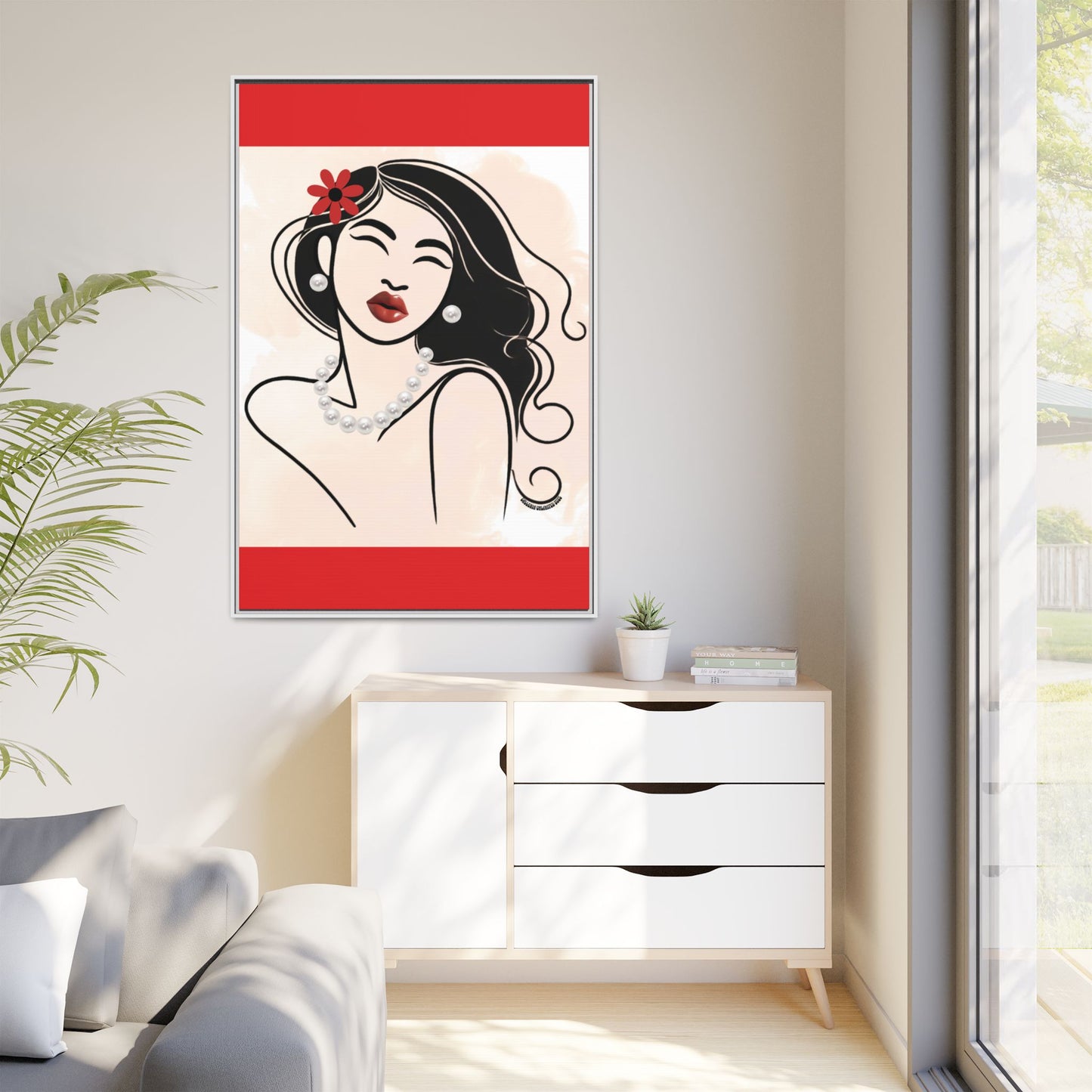 Pearls & Curls3 | Scarlet Kiss - Framed Matte Canvas Art (black or white frame)