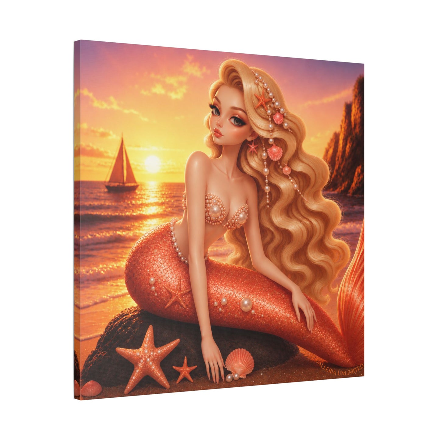 Sirens of the Gilded Sea | Golden Seaside, Satin Stretched Canvas Print