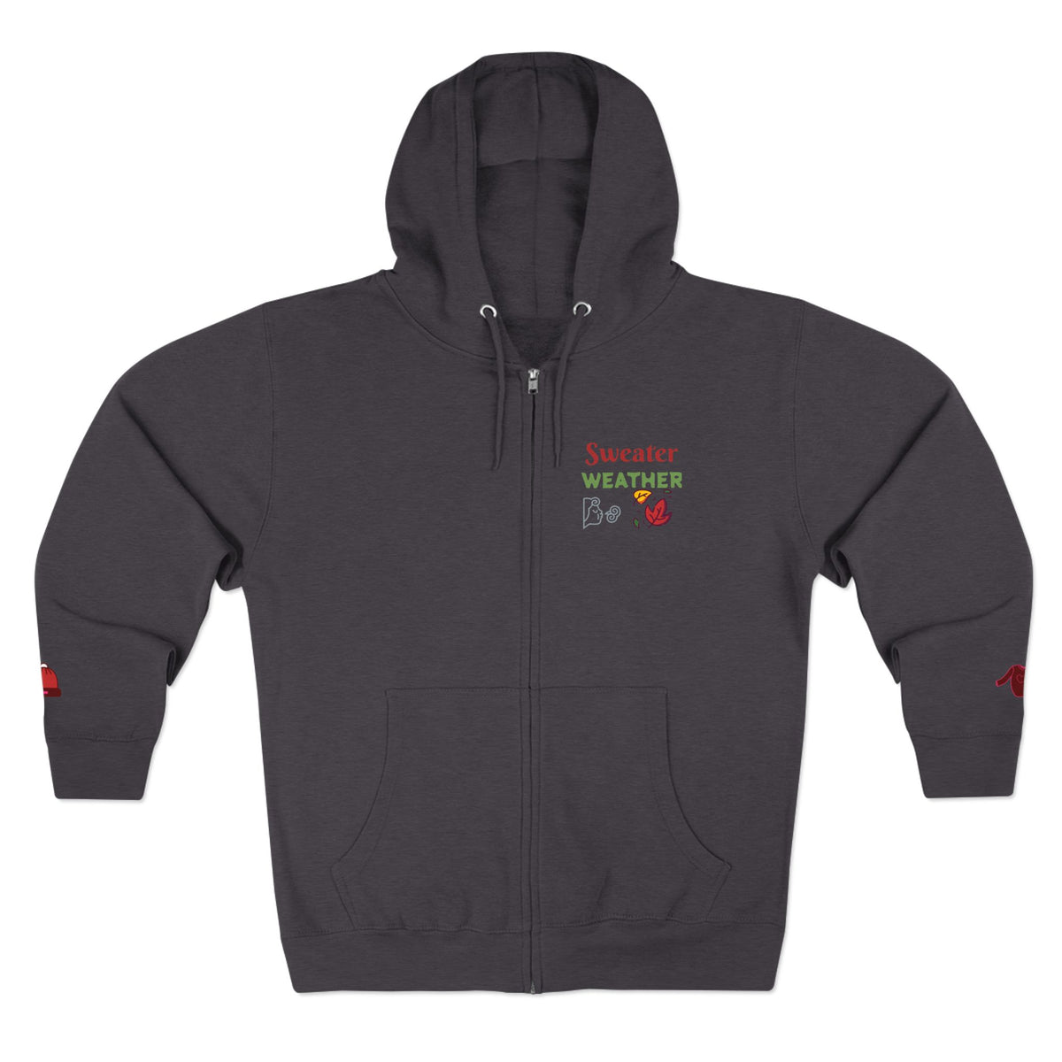 Autumn Harvest 6 | 'Sweater Weather' Graphic Icon Zip Hoodie (non-embroidered) — Cozy Fall Hoodie with Autumn Icons, front and back design