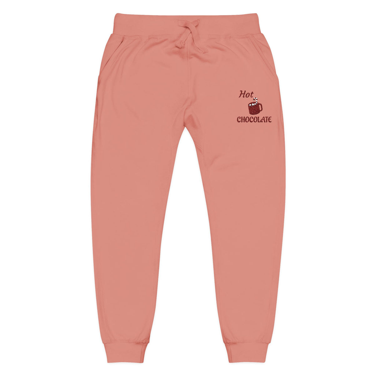 Coral sweatpants with a small logo on a white background