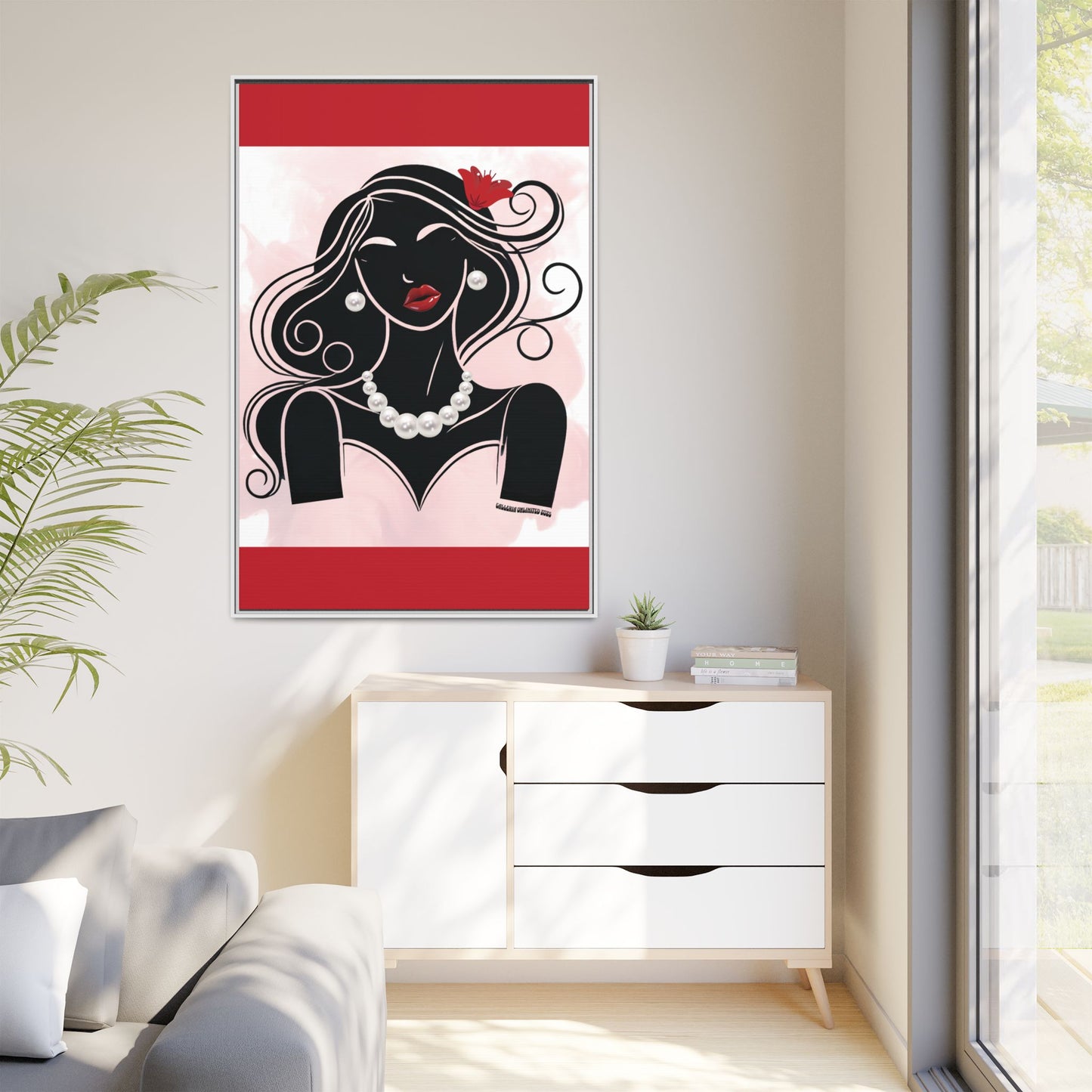 Pearls & Curls1 | Ruby Lips- Framed Matte Canvas Art (black or white frame)