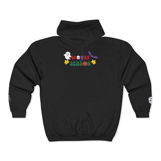 Black hoodie with colorful 'Spooky Season' text and graphics on a white background
