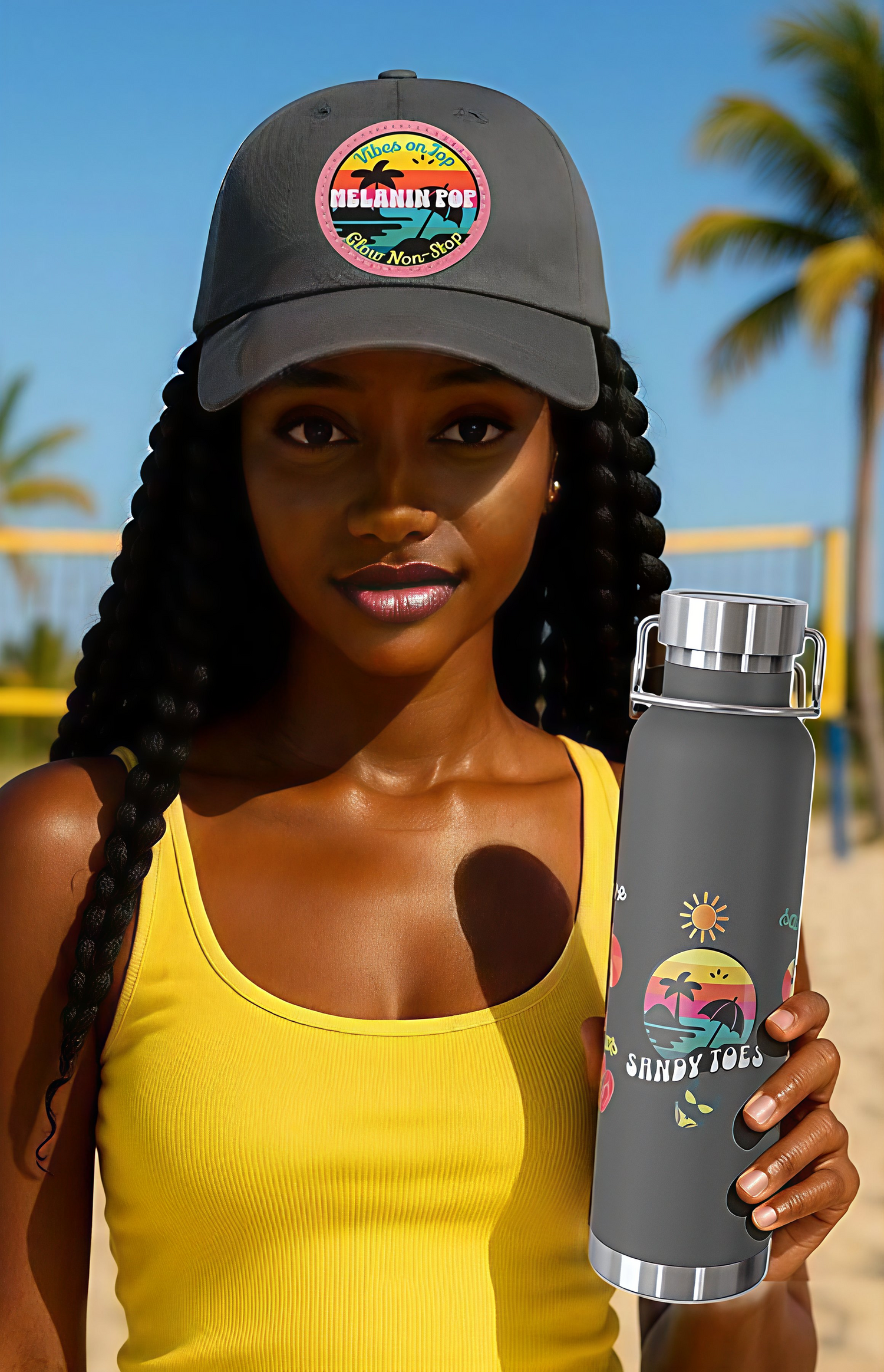 Woman holding a water bottle with a scenic design on a beach