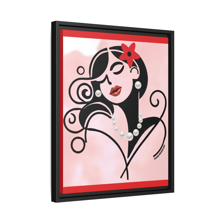 Pearls & Curls print of line art of woman curls in her hair with a red flower, red lipstick and pear accessories