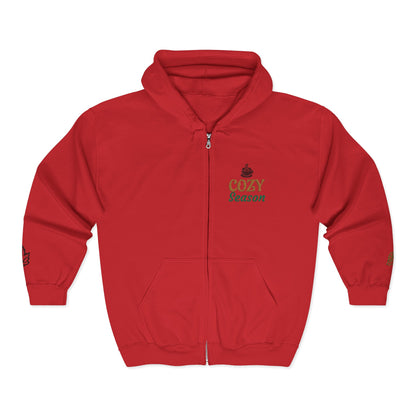 Harvest Haze | 'Cozy Season' Zip Hoodie — Autumn Coffee & Leaves Full-Zip Sweatshirt
