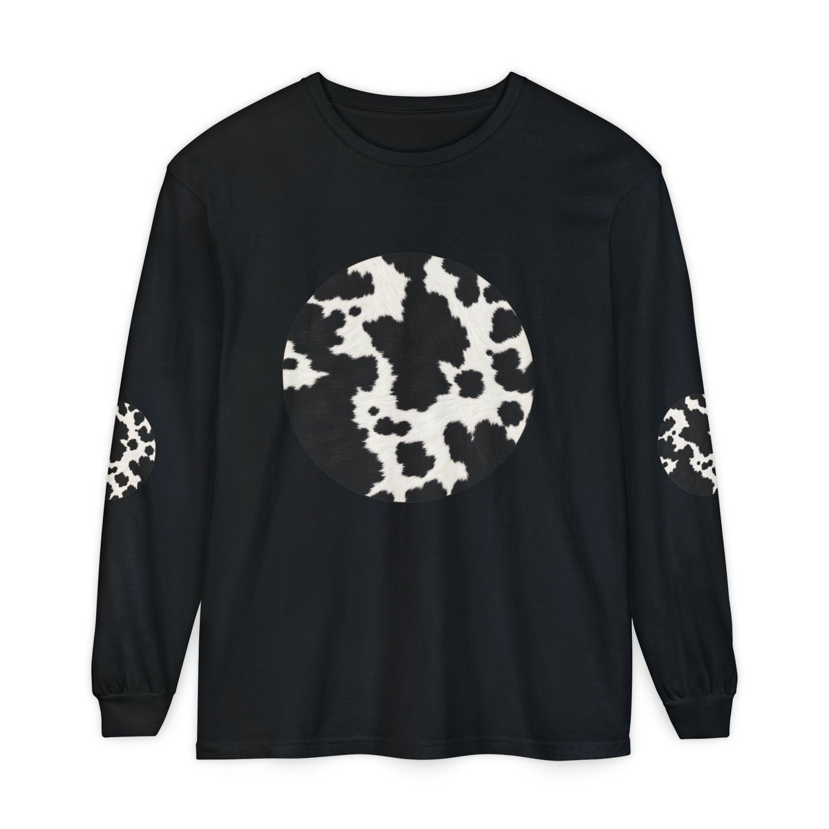 Cow | Black & White Cowhide Circle Patch Long Sleeve Tee (Elbow Accents)
