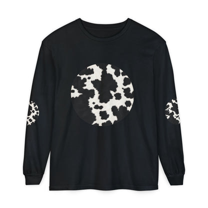 Cow | Black & White Cowhide Circle Patch Long Sleeve Tee (Elbow Accents)