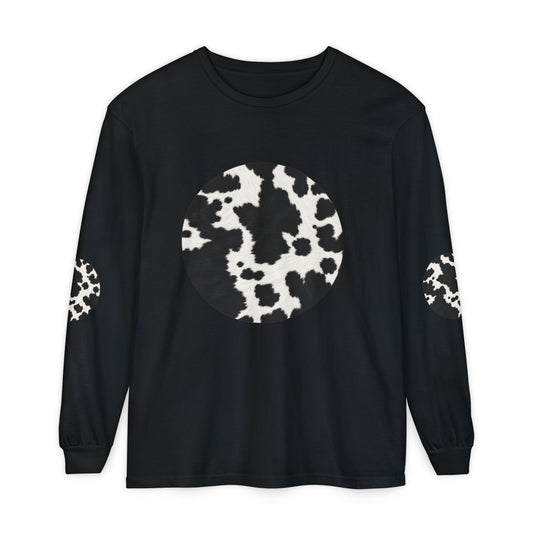Cow | Black & White Cowhide Circle Patch Long Sleeve Tee (Elbow Accents)