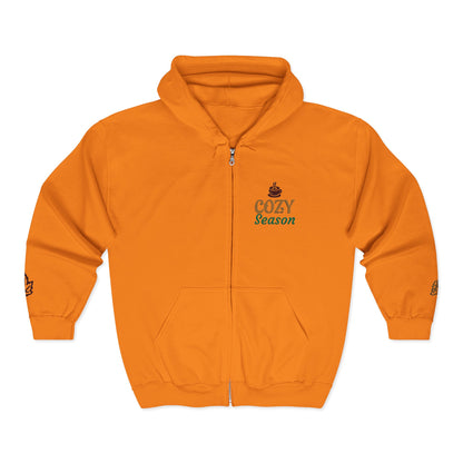 Harvest Haze | 'Cozy Season' Zip Hoodie — Autumn Coffee & Leaves Full-Zip Sweatshirt
