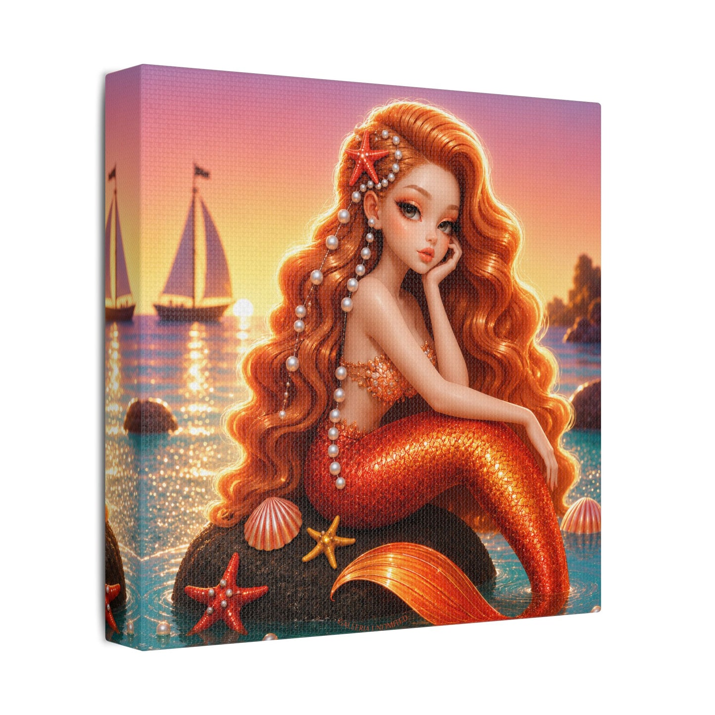 Sirens of the Gilded Sea | Pearl Tide, Satin Stretched Canvas Print