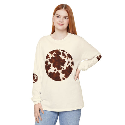 Cow| Brown & Cream Cowhide Circle Patch Long Sleeve Tee (Elbow Accents), multiple colors