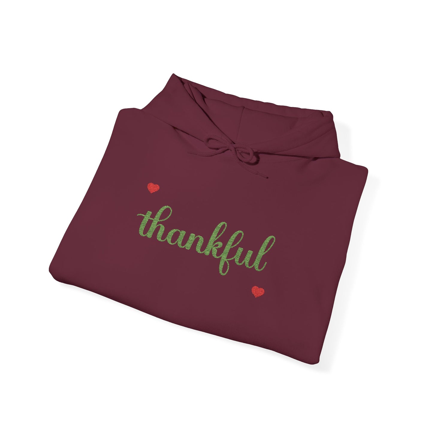 The Thankful Edit1 |Light Green Embroidered Thankful Hoodie, red hearts (multiple colors)