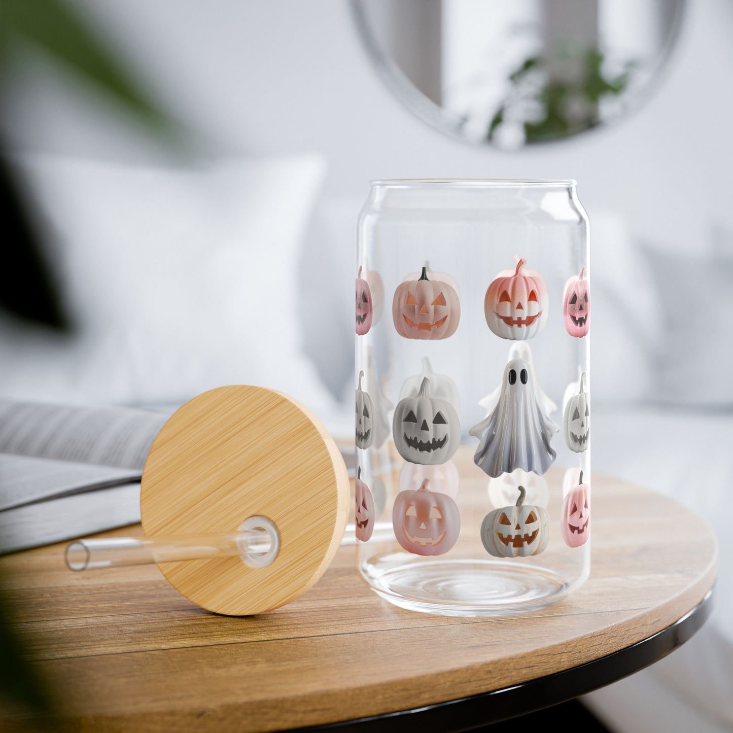 Harvest Haze 0 | Ghost & Jack-O'-Lantern Halloween Sipper Glass (16oz) — Spooky Cute Pastel Pumpkin Drink Tumbler with Straw