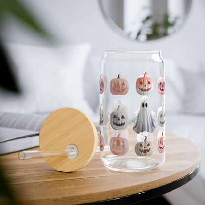 Harvest Haze 0 | Ghost & Jack-O'-Lantern Halloween Sipper Glass (16oz) — Spooky Cute Pastel Pumpkin Drink Tumbler with Straw