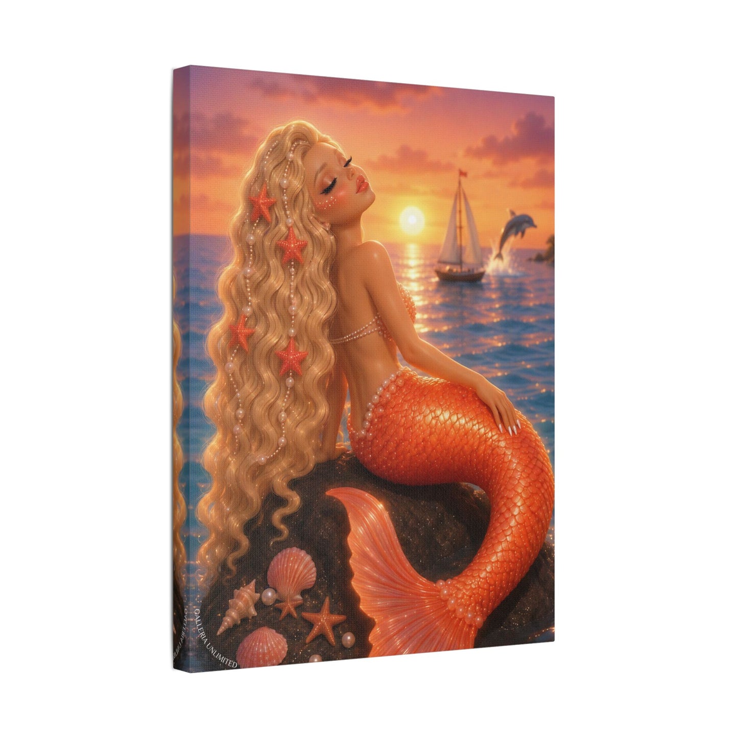 Sirens of the Gilded Sea | Amber Horizon, Satin Stretched Canvas Print