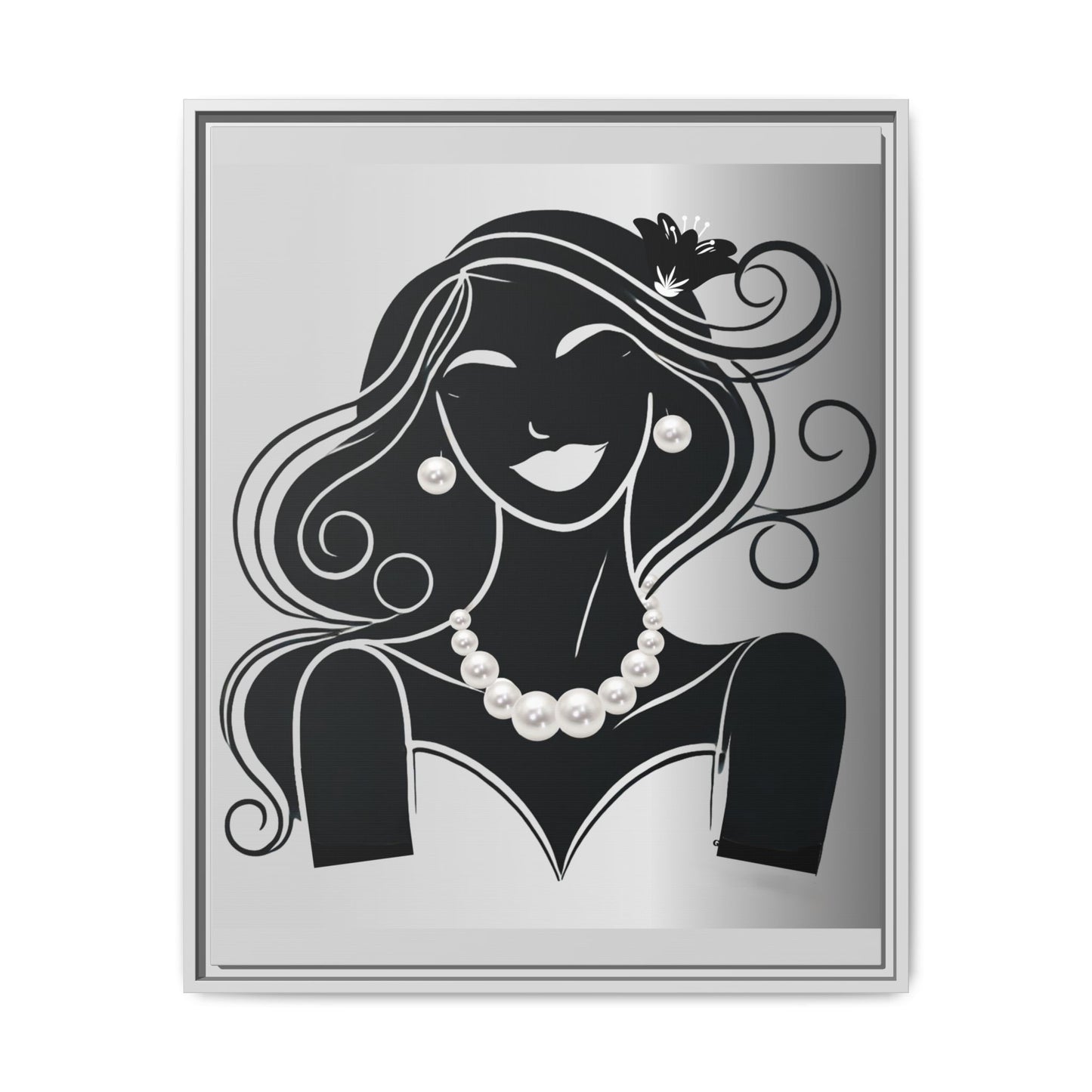 Pearls & Curls 1 | Black and White Framed Matte Canvas Wall Art