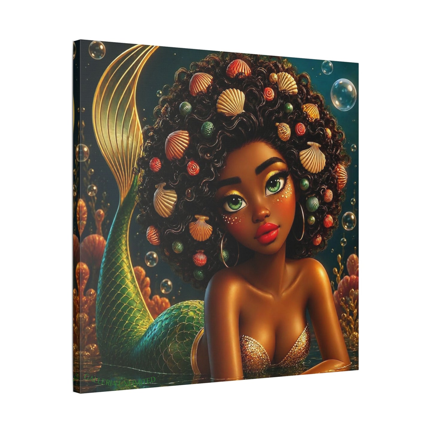 Sirens of the Gilded Sea | Emerald Sea Cavern, Satin Stretch Canvas Print