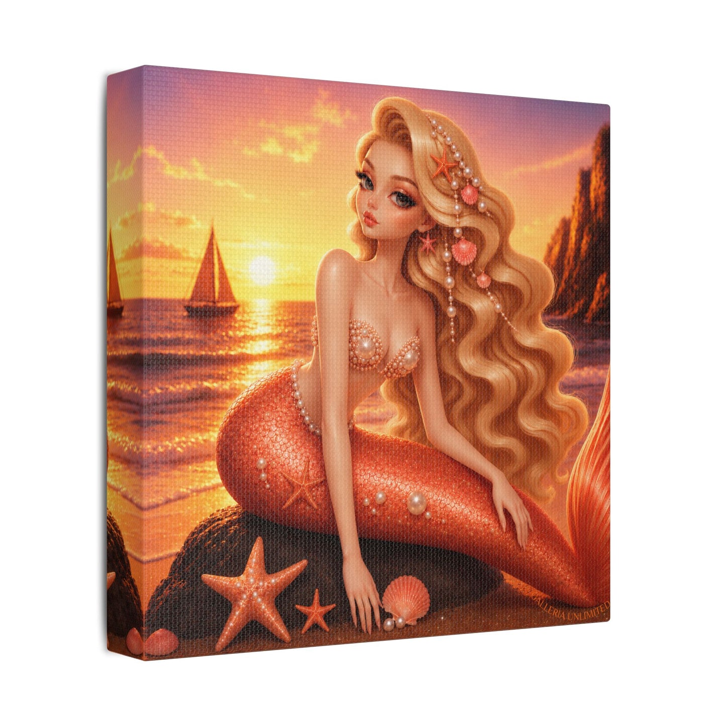 Sirens of the Gilded Sea | Golden Seaside, Satin Stretched Canvas Print