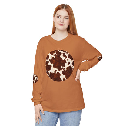 Cow| Brown & Cream Cowhide Circle Patch Long Sleeve Tee (Elbow Accents), multiple colors