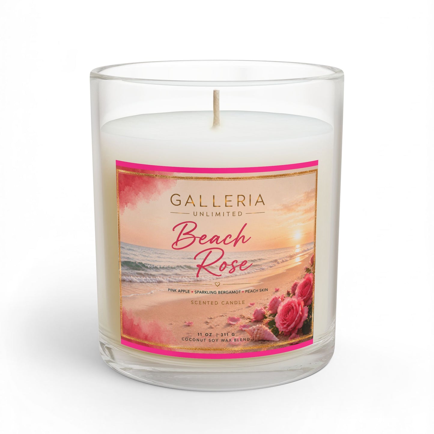 Pearls & Curls | Beach Rose Scented Glass Candle — 11oz (pink label)