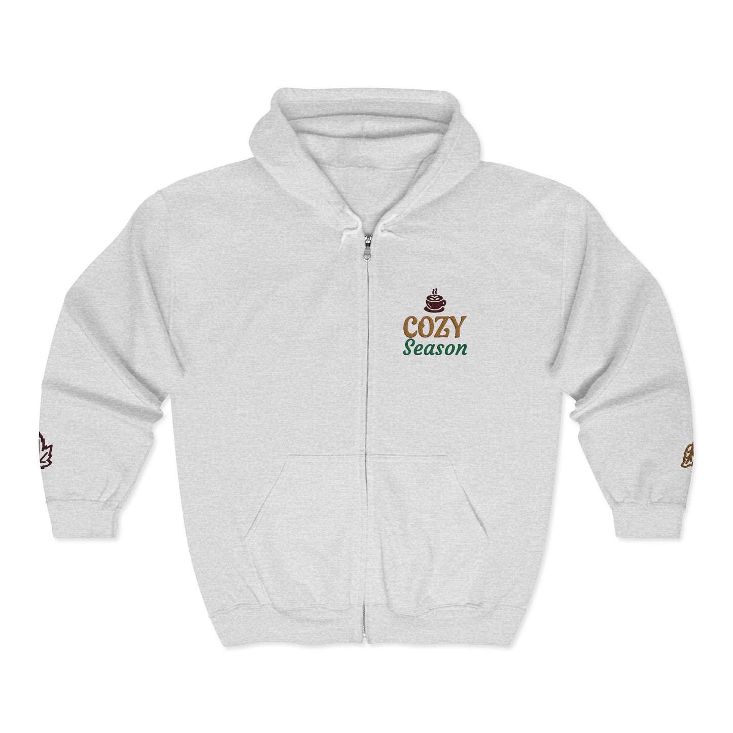 Harvest Haze | 'Cozy Season' Zip Hoodie — Autumn Coffee & Leaves Full-Zip Sweatshirt