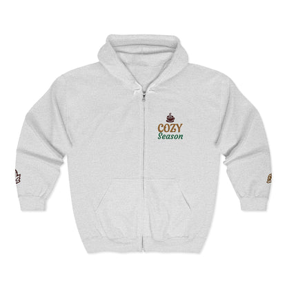 Harvest Haze | 'Cozy Season' Zip Hoodie — Autumn Coffee & Leaves Full-Zip Sweatshirt