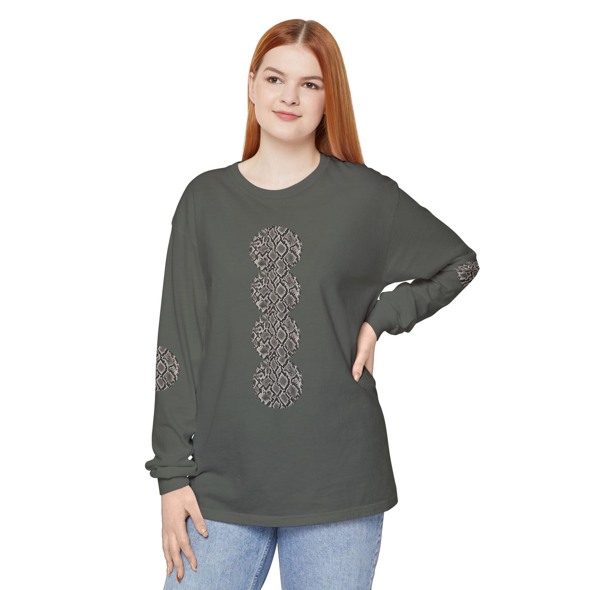 Snake | Grey Snakeskin Circle Patches Long Sleeve T-Shirt (Elbow Accents), multiple shades